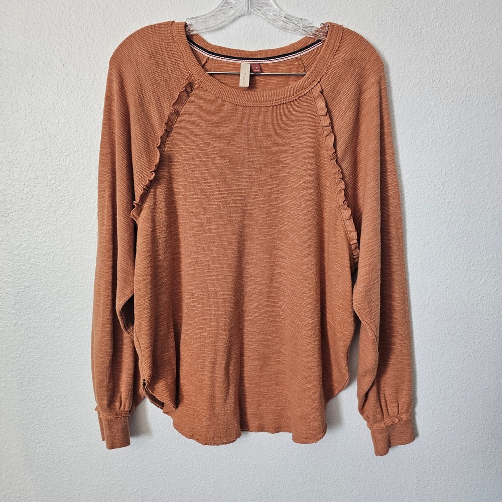 Pilcro and the Letterpress Terracotta Ruffle Trim Slub Knit Top Small
